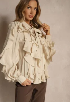 Beżowa Koszula z Wiskozą Zdobiona Falbanami i Wiązaniem przy Szyi Ravissa