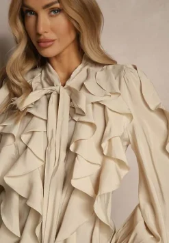 Beżowa Koszula z Wiskozą Zdobiona Falbanami i Wiązaniem przy Szyi Ravissa