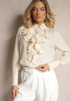 Beżowa Koszula z Wiskozy z Falbanami i Biżuteryjnymi Guzikami Tasvila