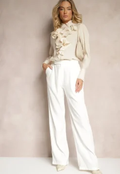 Beżowa Koszula z Wiskozy z Falbanami i Biżuteryjnymi Guzikami Tasvila