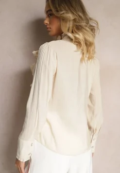 Beżowa Koszula z Wiskozy z Falbanami i Biżuteryjnymi Guzikami Tasvila