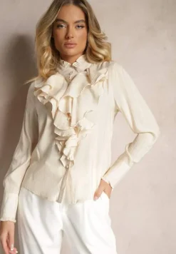 Beżowa Koszula z Wiskozy z Falbanami i Biżuteryjnymi Guzikami Tasvila