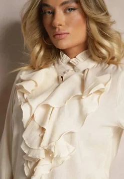 Beżowa Koszula z Wiskozy z Falbanami i Biżuteryjnymi Guzikami Tasvila