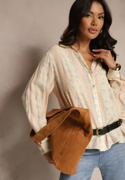 Beżowa Koszula z Wiskozy Zdobiona Drobnym Kwiatowym Wzorem Aredina