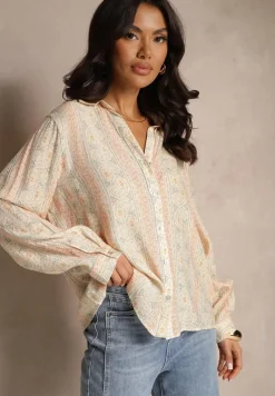 Beżowa Koszula z Wiskozy Zdobiona Drobnym Kwiatowym Wzorem Aredina
