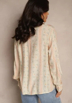 Beżowa Koszula z Wiskozy Zdobiona Drobnym Kwiatowym Wzorem Aredina
