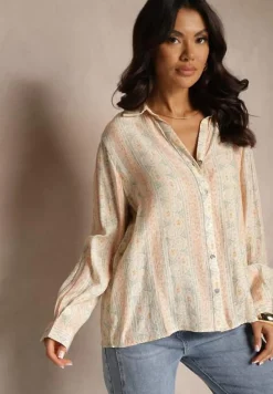 Beżowa Koszula z Wiskozy Zdobiona Drobnym Kwiatowym Wzorem Aredina