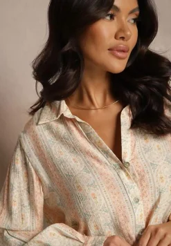 Beżowa Koszula z Wiskozy Zdobiona Drobnym Kwiatowym Wzorem Aredina