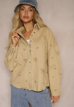 Beżowa Koszulowa Kurtka Jeansowa z Bawełny w Hafty Merinorie