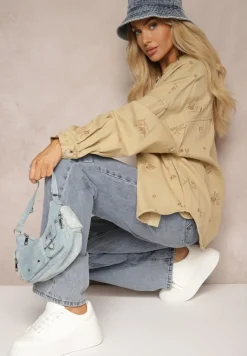 Beżowa Koszulowa Kurtka Jeansowa z Bawełny w Hafty Merinorie