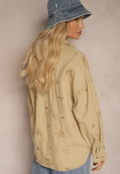 Beżowa Koszulowa Kurtka Jeansowa z Bawełny w Hafty Merinorie