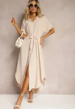 Beżowa Koszulowa Sukienka z Wiskozy z Materiałowym Paskiem w Talii Gialara