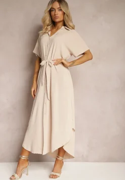 Beżowa Koszulowa Sukienka z Wiskozy z Materiałowym Paskiem w Talii Gialara