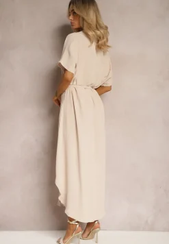 Beżowa Koszulowa Sukienka z Wiskozy z Materiałowym Paskiem w Talii Gialara