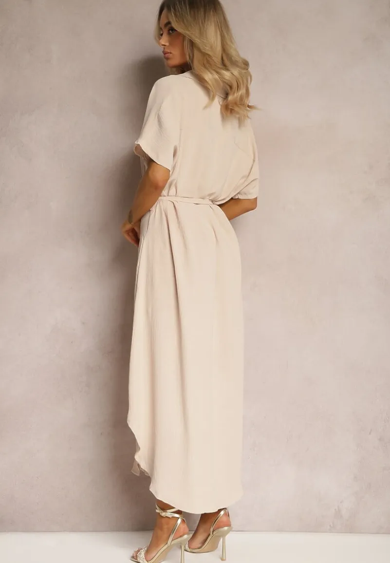 Beżowa Koszulowa Sukienka z Wiskozy z Materiałowym Paskiem w Talii Gialara