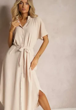 Beżowa Koszulowa Sukienka z Wiskozy z Materiałowym Paskiem w Talii Gialara