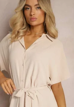 Beżowa Koszulowa Sukienka z Wiskozy z Materiałowym Paskiem w Talii Gialara