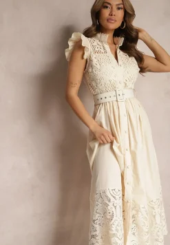 Beżowa Koszulowa Sukienka z Ażurowym Zdobieniem i Paskiem z Prostokątną Klamrą Trika