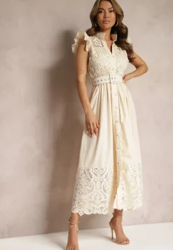 Beżowa Koszulowa Sukienka z Ażurowym Zdobieniem i Paskiem z Prostokątną Klamrą Trika