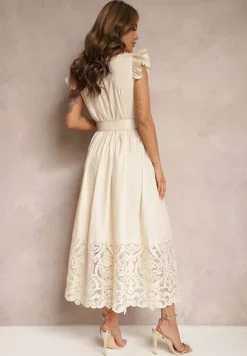 Beżowa Koszulowa Sukienka z Ażurowym Zdobieniem i Paskiem z Prostokątną Klamrą Trika