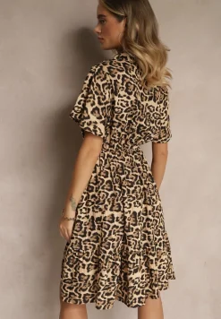 Beżowa Koszulowa Sukienka z Wiskozy o Rozkloszowanym Kroju Ralurea