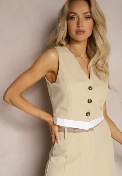 Beżowa Krótka Kamizelka Garniturowa Zapinana na Guziki Anlara