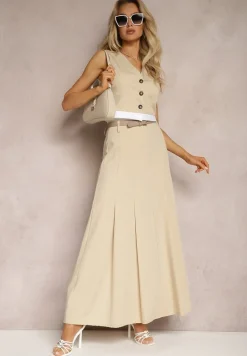 Beżowa Krótka Kamizelka Garniturowa Zapinana na Guziki Anlara