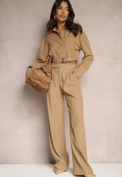 Beżowa Krótka Koszula Ozdobiona Wzorem w Paseczki i Paskiem z Klamrą Atinef