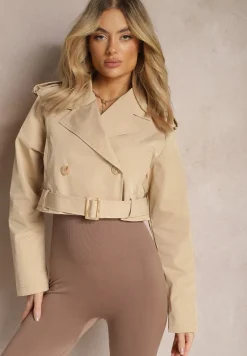Beżowa Krótka Kurtka Dwurzędowa z Paskiem i Klapami Sadlega
