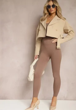 Beżowa Krótka Kurtka Dwurzędowa z Paskiem i Klapami Sadlega