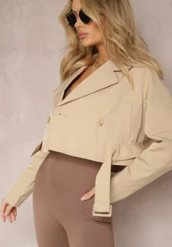 Beżowa Krótka Kurtka Dwurzędowa z Paskiem i Klapami Sadlega