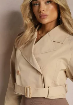 Beżowa Krótka Kurtka Dwurzędowa z Paskiem i Klapami Sadlega