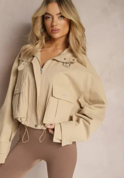 Beżowa Krótka Kurtka z Luźnymi Rękawami i Paskiem ze Sprzączką przy Dekolcie Inanna