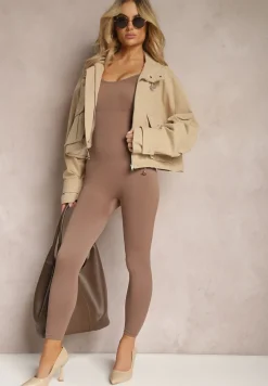 Beżowa Krótka Kurtka z Luźnymi Rękawami i Paskiem ze Sprzączką przy Dekolcie Inanna