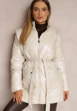 Beżowa Kurtka z Odpinanym Rękawem Wiązana w Pasie Chozi