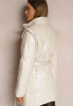 Beżowa Kurtka z Odpinanym Rękawem Wiązana w Pasie Chozi