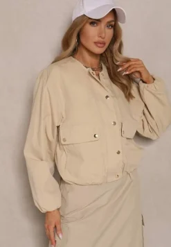Beżowa Kurtka Bomberka o Koszulowym Fasonie z Napami Ronesia
