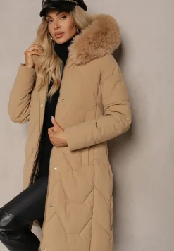 Beżowa Kurtka Długa z Ozdobnym Pikowaniem z Kapturem i Futerkiem Verticea