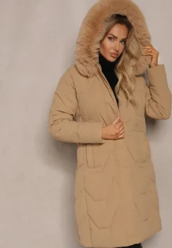 Beżowa Kurtka Długa z Ozdobnym Pikowaniem z Kapturem i Futerkiem Verticea