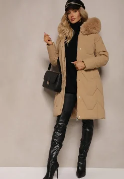 Beżowa Kurtka Długa z Ozdobnym Pikowaniem z Kapturem i Futerkiem Verticea