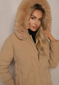 Beżowa Kurtka Długa z Ozdobnym Pikowaniem z Kapturem i Futerkiem Verticea