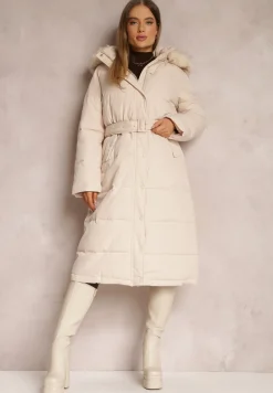 Beżowa Kurtka Długa z Paskiem i Kapturem Pikowana Nilme