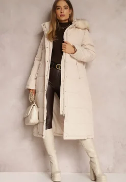 Beżowa Kurtka Długa z Paskiem i Kapturem Pikowana Nilme