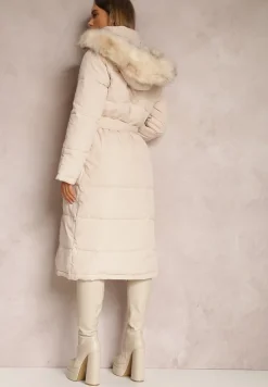 Beżowa Kurtka Długa z Paskiem i Kapturem Pikowana Nilme