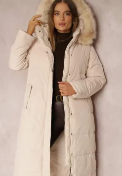 Beżowa Kurtka Długa z Paskiem i Kapturem Pikowana Nilme