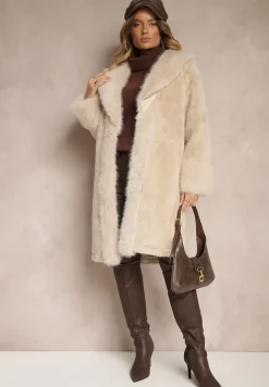 Beżowa Kurtka Futro o Długim Kroju z Wiskozą Ninnarlia