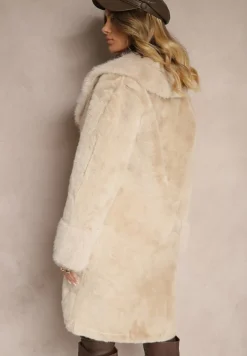 Beżowa Kurtka Futro o Długim Kroju z Wiskozą Ninnarlia