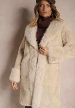 Beżowa Kurtka Futro o Długim Kroju z Wiskozą Ninnarlia