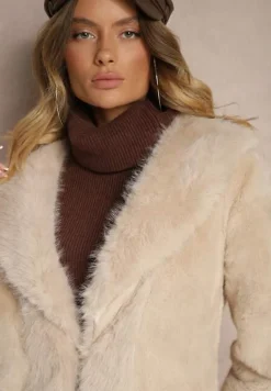 Beżowa Kurtka Futro o Długim Kroju z Wiskozą Ninnarlia