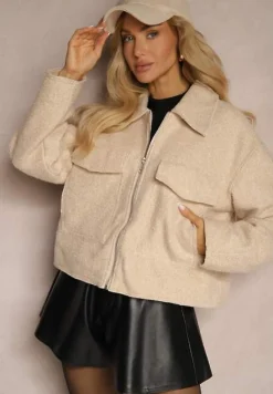 Beżowa Kurtka Koszulowa Boucle z Ociepleniem i Suwakiem Irimarea